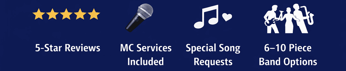 five star reviews, mc services included, special song requests, 6-10 piece Band