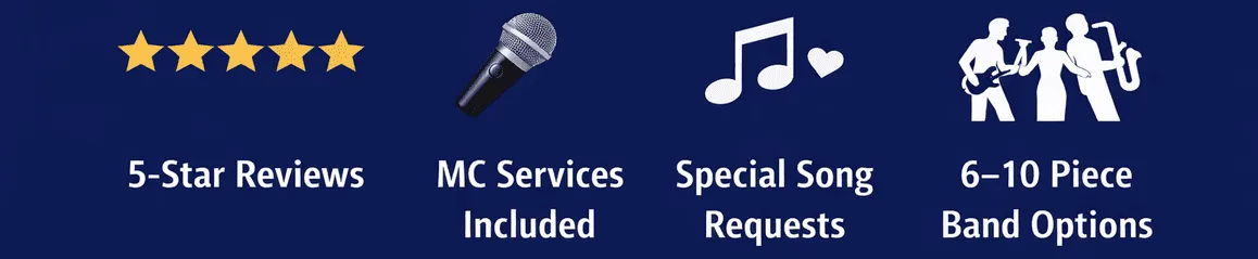 five star reviews, mc services included, special song requests, 6-10 piece Band